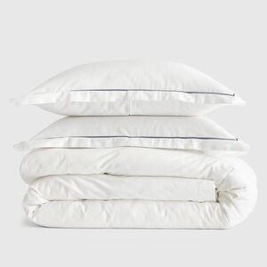 NWT QUINCE Classic Organic Percale Duvet Set White w/Navy Embroidery -King/Cal K